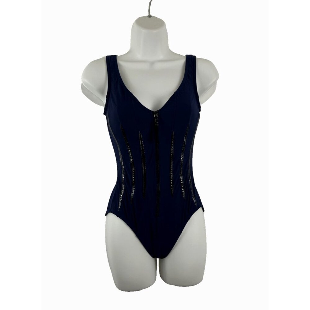 Karla Colletto Navy Blue & Black One Piece Zip Bathing Suit Women's Size 6
